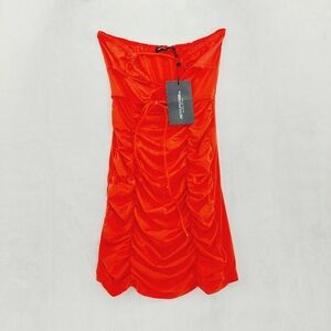 New PrettyLittleThings Sleeveless Drawstring Red Strapless Mini Dress P4782